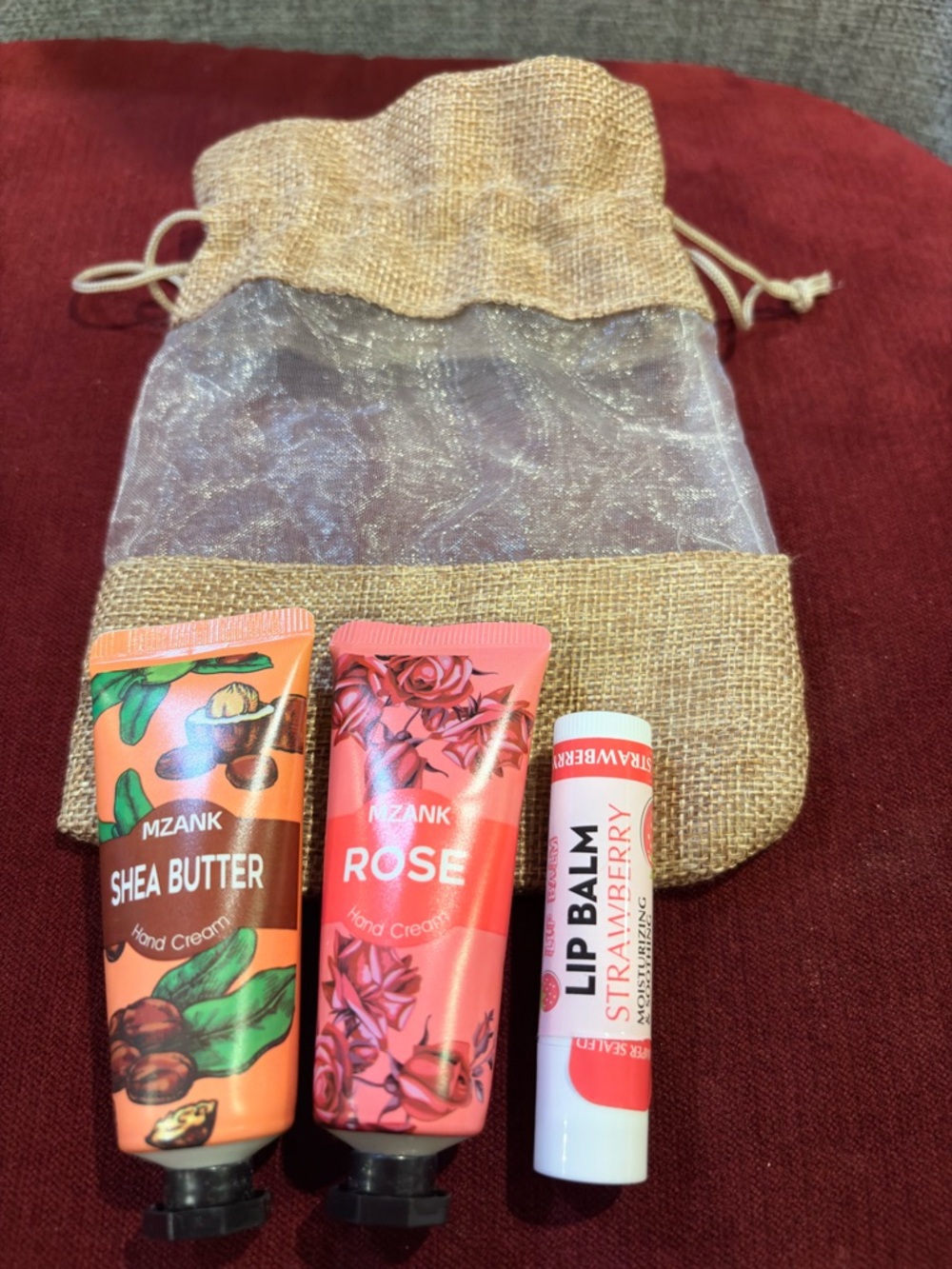 New MZANK 3-Piece Hand Cream & Lip Balm Set with Burlap Gift Bag